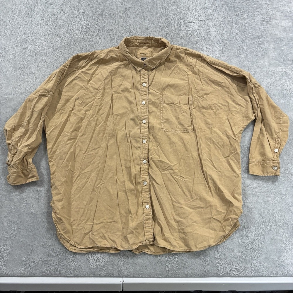 AE American Eagle Button Shirt Long Sleeve Women L Yellow Sand Oversized Fit